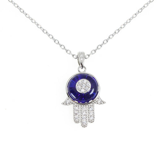 Dark Blue Hamsa White Zircon Silver 925 Necklace