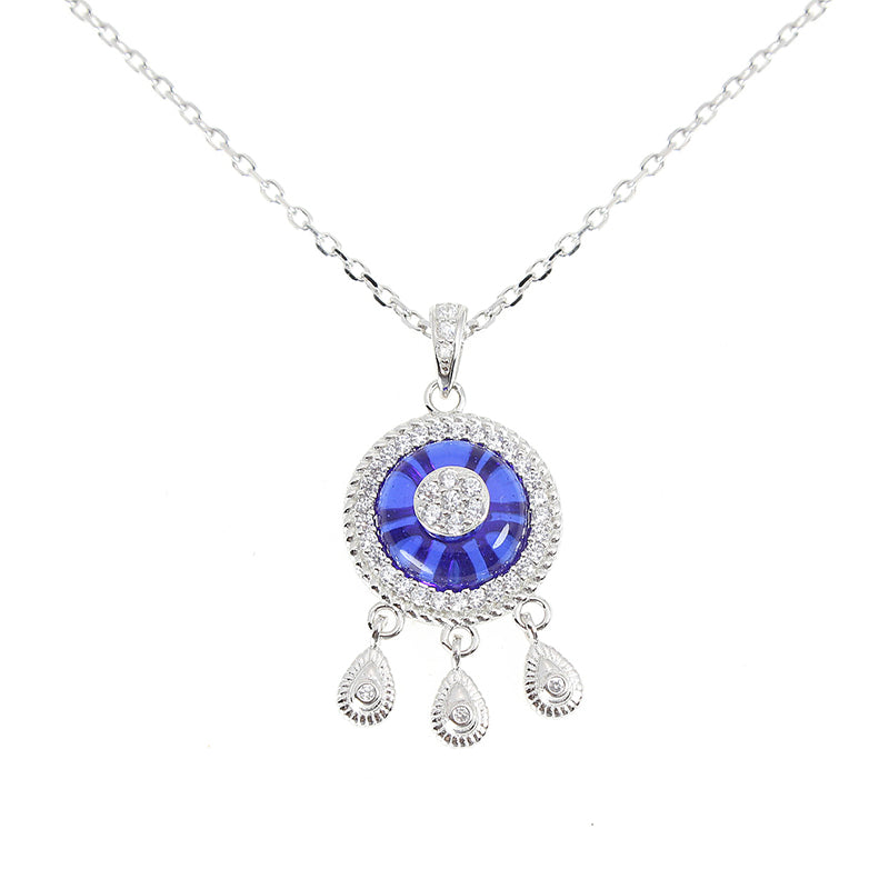 Dark Blue Evil Eye White Zircon  Silver 925 Necklace