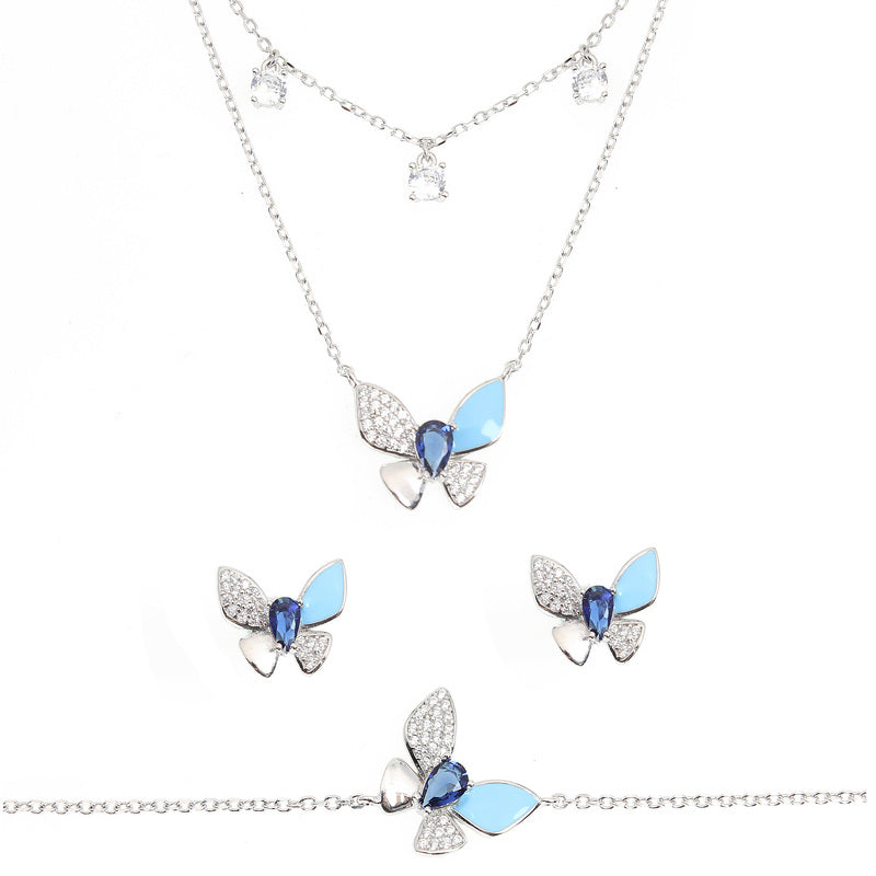 Sapphire and white zircon light blue enamel butterfly silver 925 jewelry set