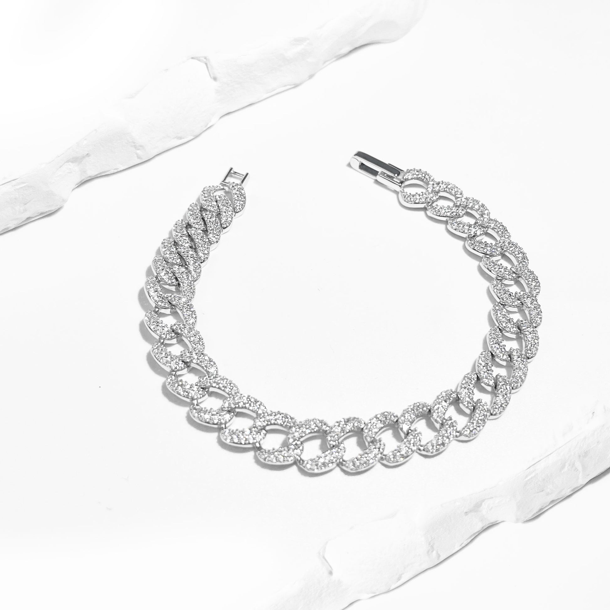 Silver House Pave Zircon Silver 925  Bracelet Cuban Link Chain Miami Chain 