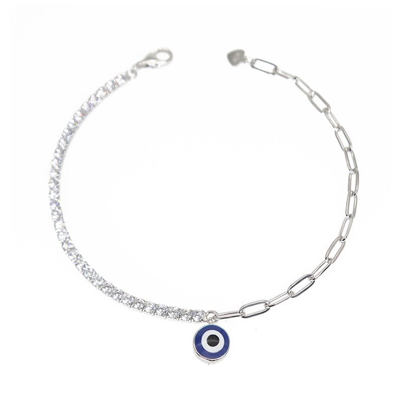 Sapphire and white zircon dark blue enamel round evil eye curb chain silver 925 bracelet