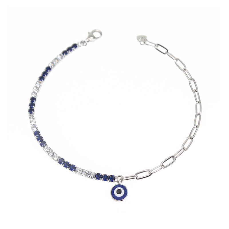 Sapphire and white zircon dark blue enamel round evil eye curb chain silver 925 bracelet