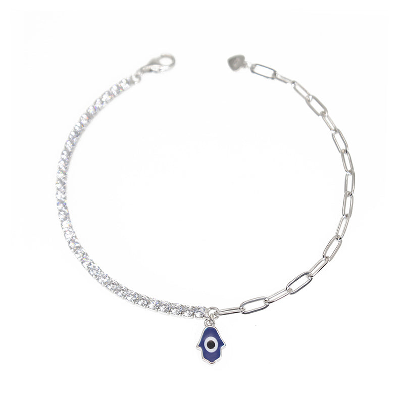 Silver House Sapphire and white zircon dark blue enamel fatima hand evil eye curb chain silver 925 bracelet