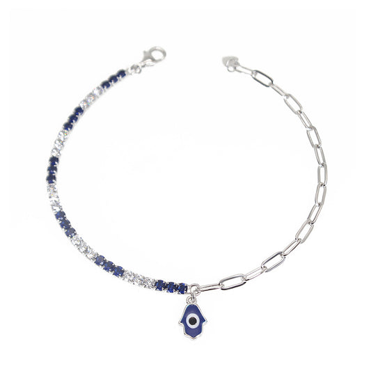 Silver House Sapphire and white zircon dark blue enamel fatima hand evil eye curb chain silver 925 bracelet