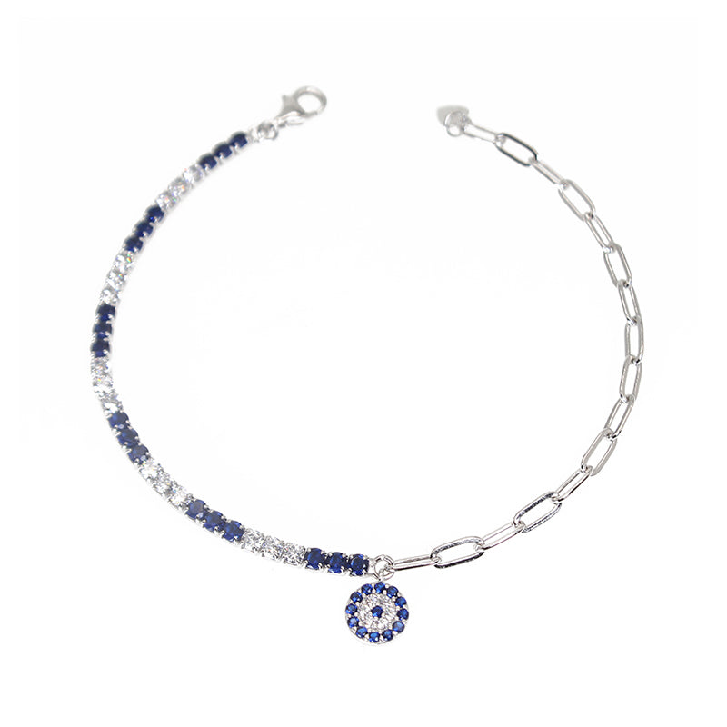 Sapphire and white zircon round evil eye curb chain silver 925 bracelet