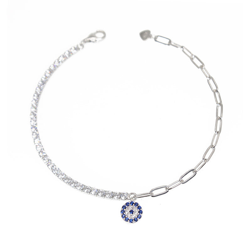 Sapphire and white zircon round evil eye curb chain silver 925 bracelet