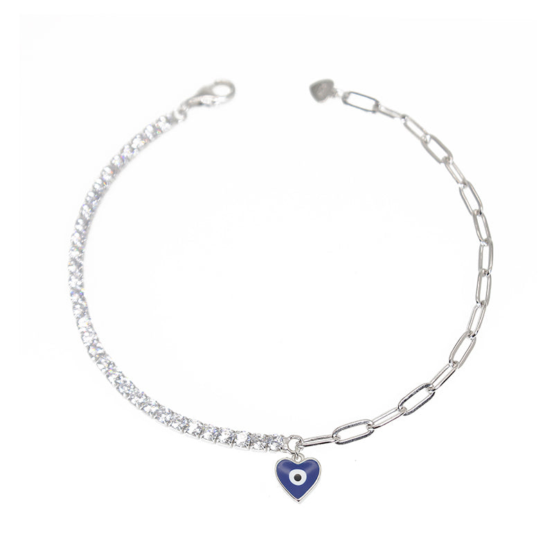 Sapphire and white zircon dark blue enamel heart shape evil eye curb chain silver 925 bracelet