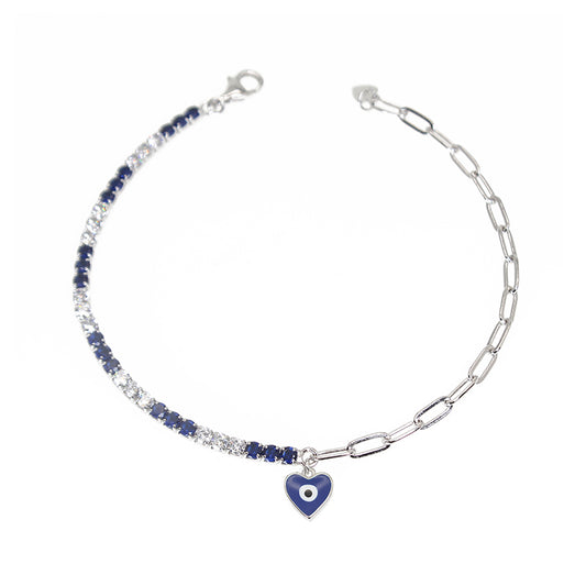 Sapphire and white zircon dark blue enamel heart shape evil eye curb chain silver 925 bracelet