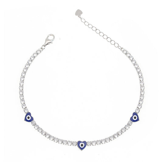 Silver House White Zircon Dark Blue Enamel Heart Haped  Evil Eye Silver 925 Bracelet Individuation Fashion Accessories