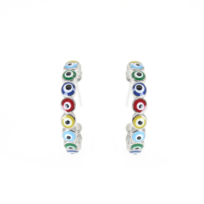 2.5mm Rainbow Enamel Evil Eye Silver 925 Pin Earrings