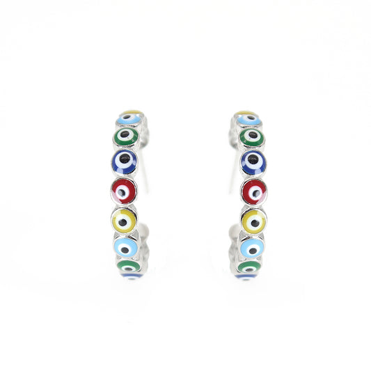 2.5mm Rainbow Enamel Evil Eye Silver 925 Pin Earrings