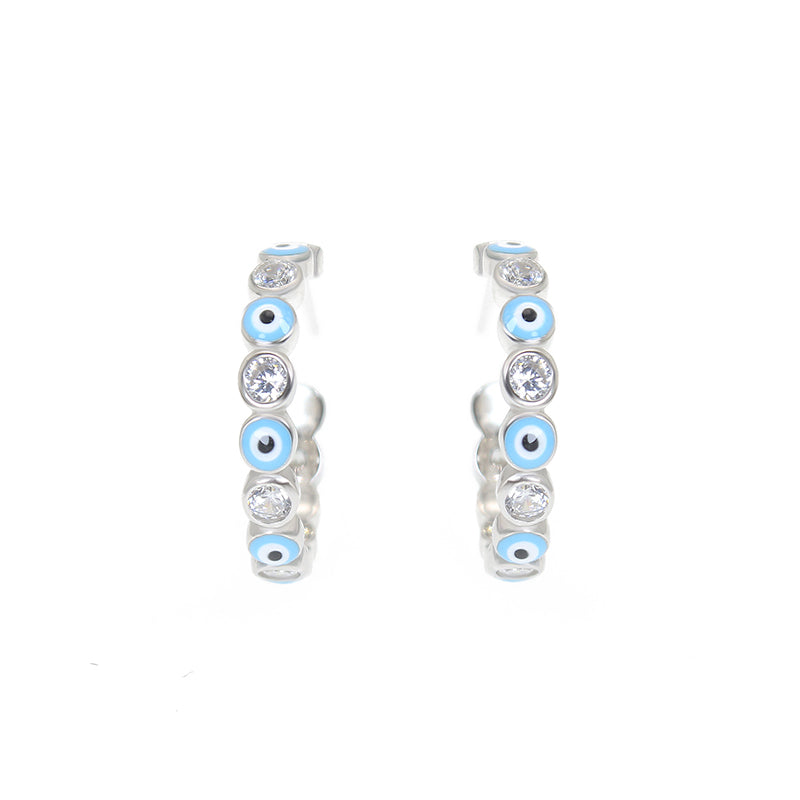 2.5mm Light Blue Enamel White Zircon Evil Eye Silver 925 Pin Earrings