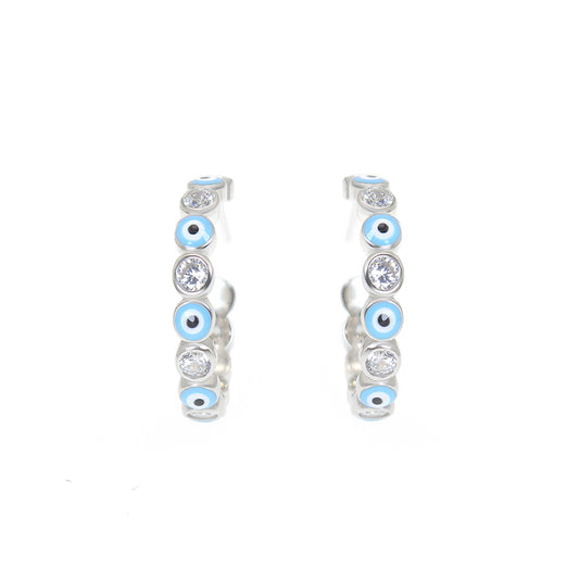 2.5mm Light Blue Enamel White Zircon Evil Eye Silver 925 Pin Earrings