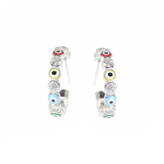 2.5mm Rainbow Enamel White Zircon Evil Eye Silver 925 Pin Earrings