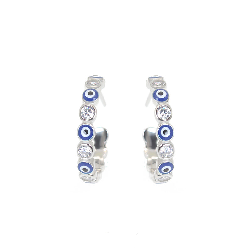 Silver House 2.5MM Dark Blue Enamel White Zircon Evil Eye Silver 925 Pin Earrings