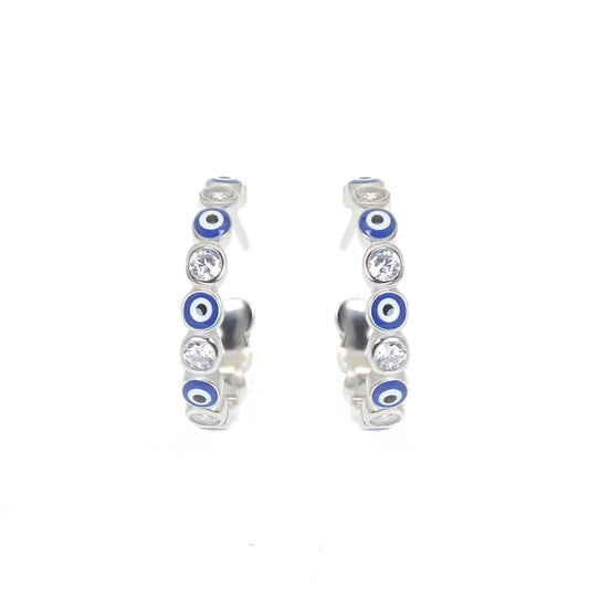 Silver House 2.5MM Dark Blue Enamel White Zircon Evil Eye Silver 925 Pin Earrings