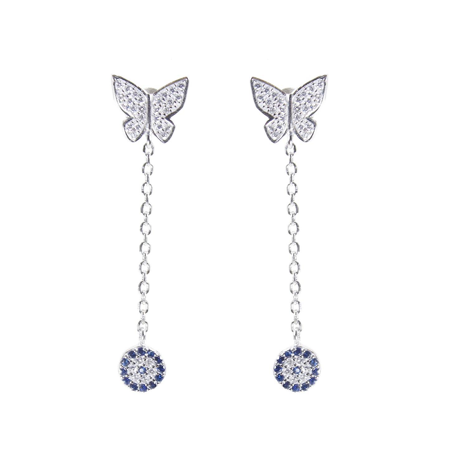 Sapphire and white zircon butterfly evil eye silver 925 dangling earrings