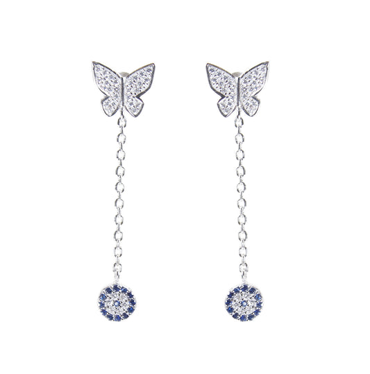 Sapphire and white zircon butterfly evil eye silver 925 dangling earrings