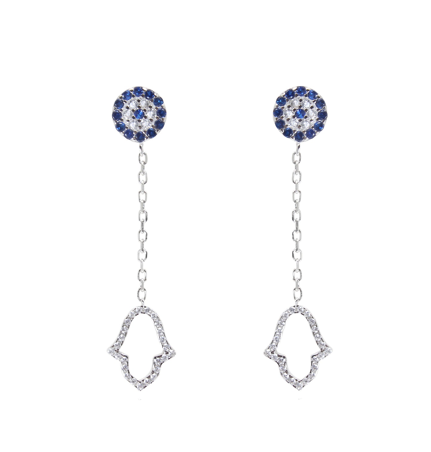 Sapphire and white zircon fatima hand evil eye silver 925 dangling earrings