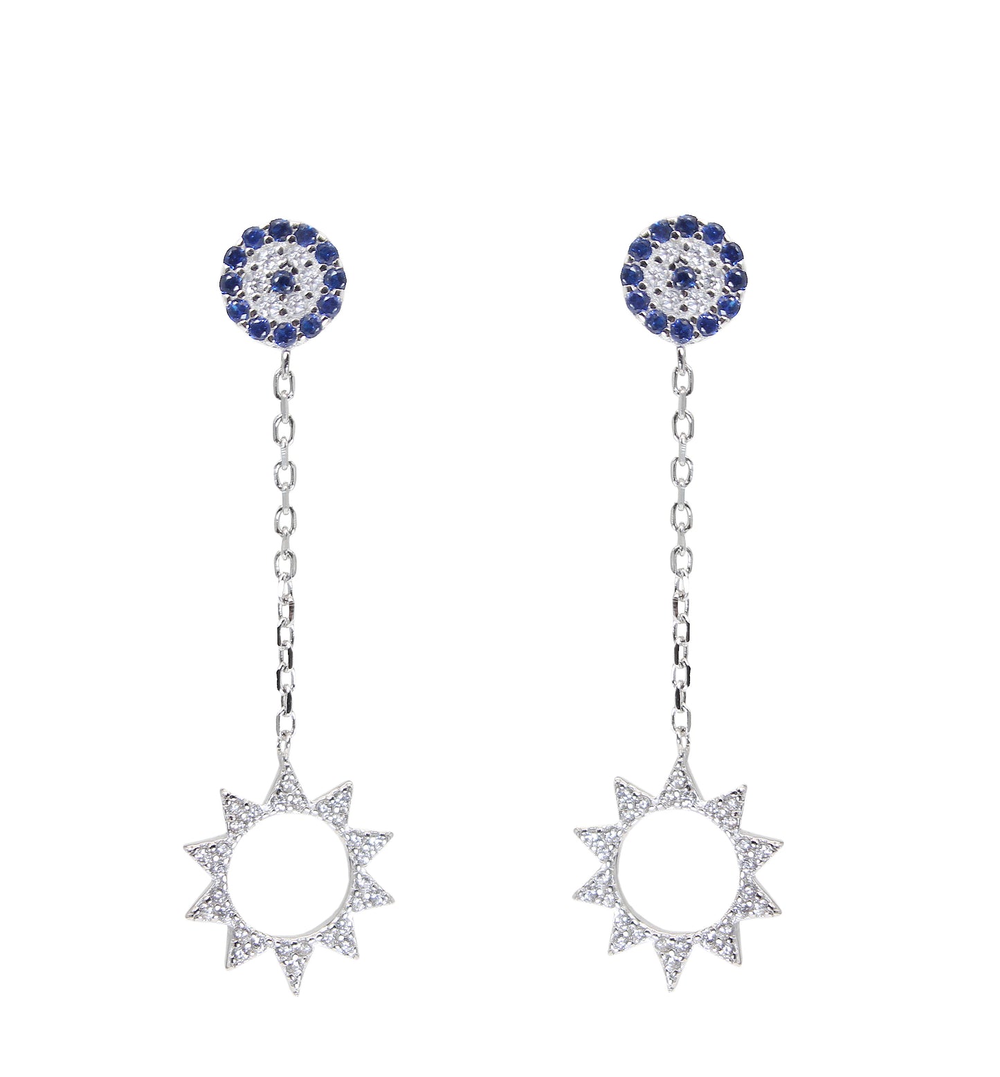 Sapphire and white zircon sun evil eye silver 925 dangling earrings