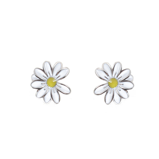 Silver House Flower Yellow White Daisy Enamel Silver 925 Stud Earrings