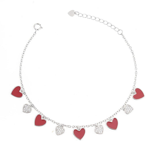 Silver House Red Enamel White Zircon Heart Silver 925 Bracelet