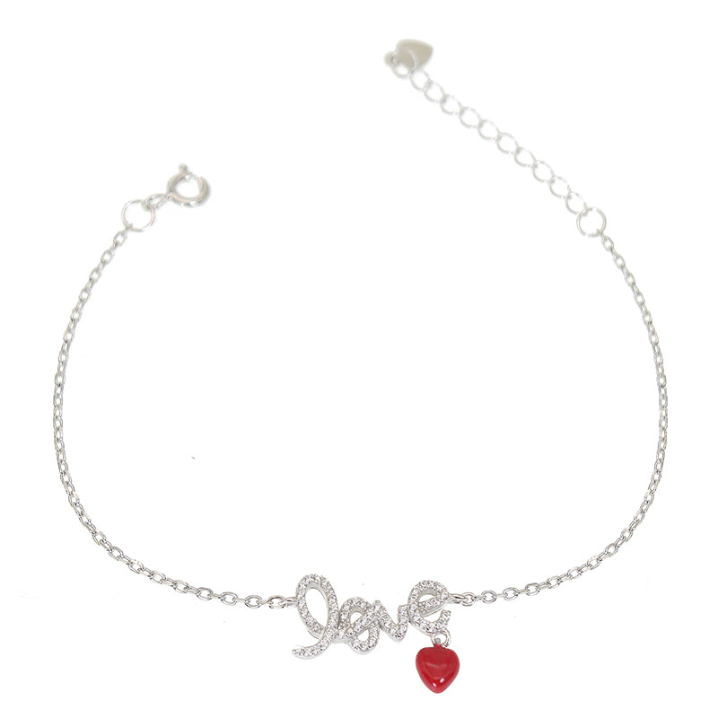 Silver House Zircon Love Script Red Enamel Heart Silver 925 Bracelet