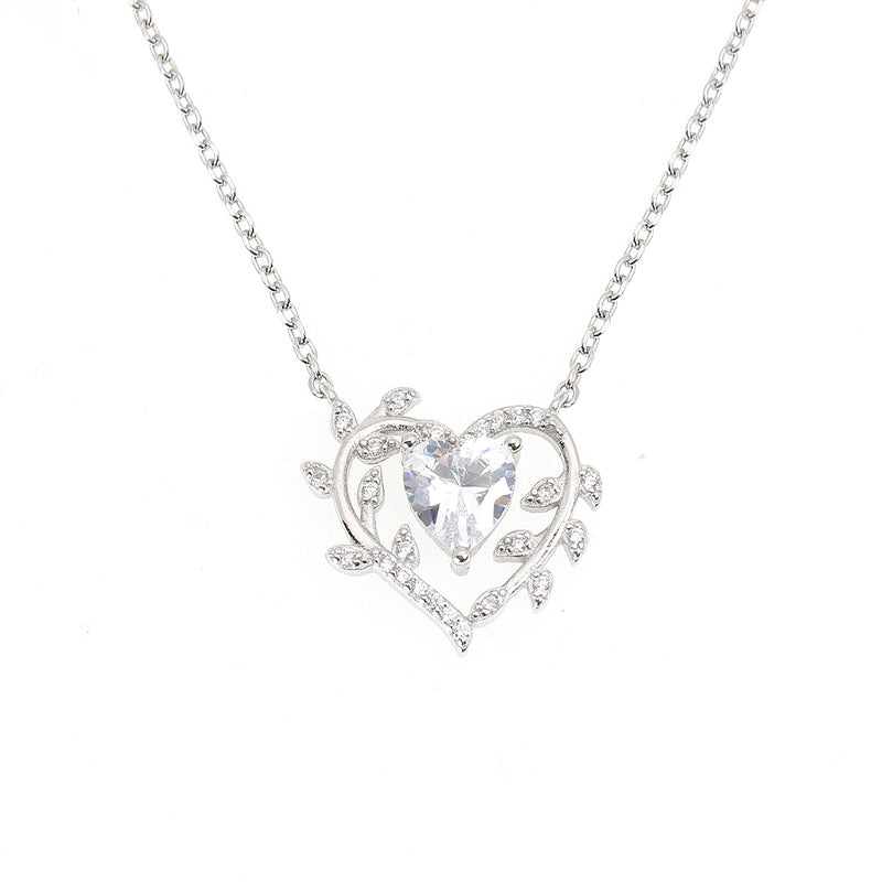 Silver House White Zircon Heart & Olive Silver 925 Necklace