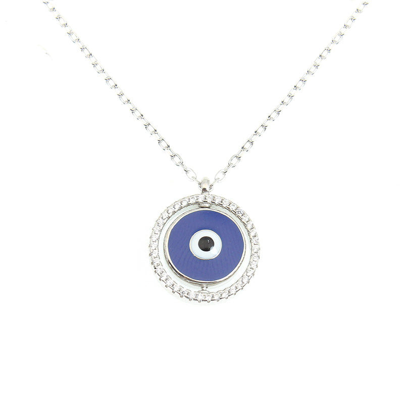 Silver House Evil Eye Dark Blue & Light Blue Two Sided Enamel Circle Zircon Rotatable Silver 925 Necklace