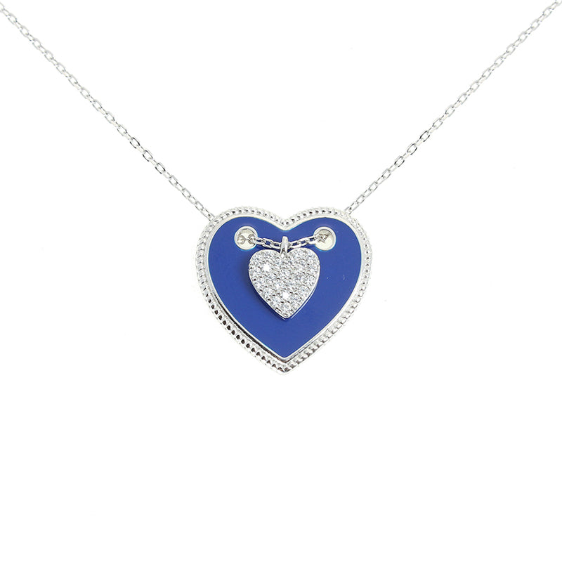 Silver House Blue Enamel Heart Shaped & Zircon Star Shaped Silver 925 Necklace Young Girl