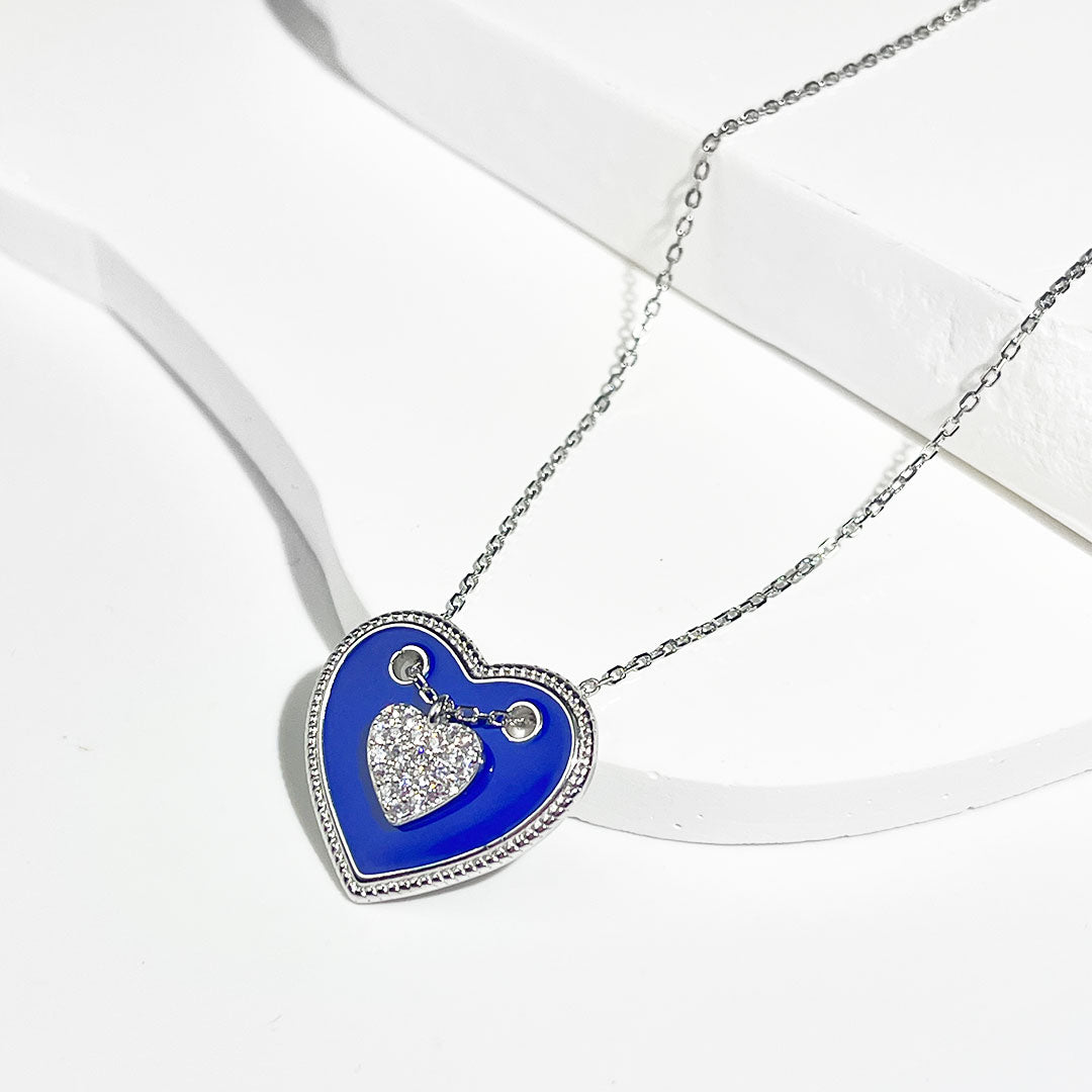 Silver House Blue Enamel Heart Shaped & Zircon Star Shaped Silver 925 Necklace Young Girl