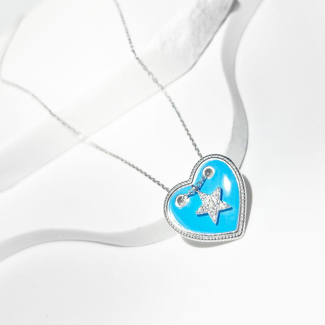 Silver House Light Blue Enamel Heart Shaped & Zircon Star Shaped Silver 925 Necklace Young Girl