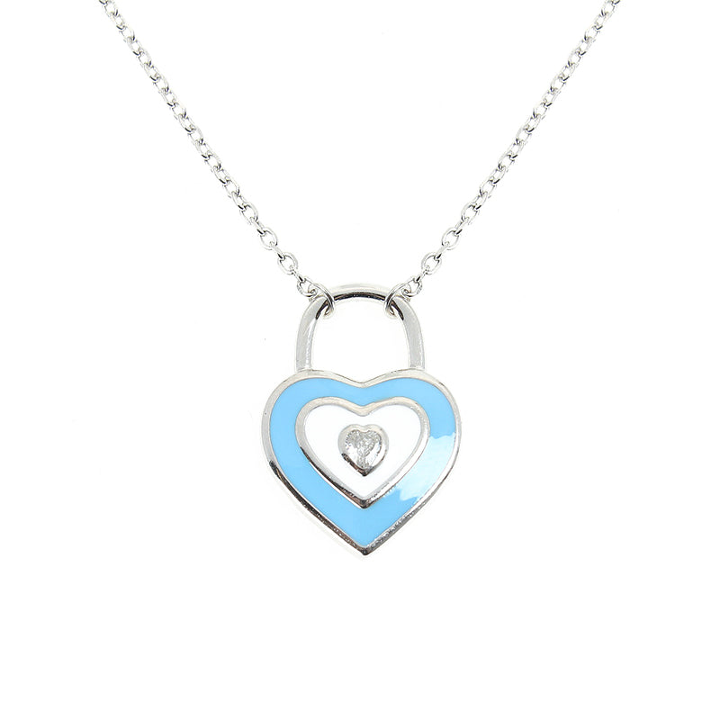 Silver House Light  Blue Heart Shaped Lock Enamel Round Shaped Zircon Silver 925 Necklace