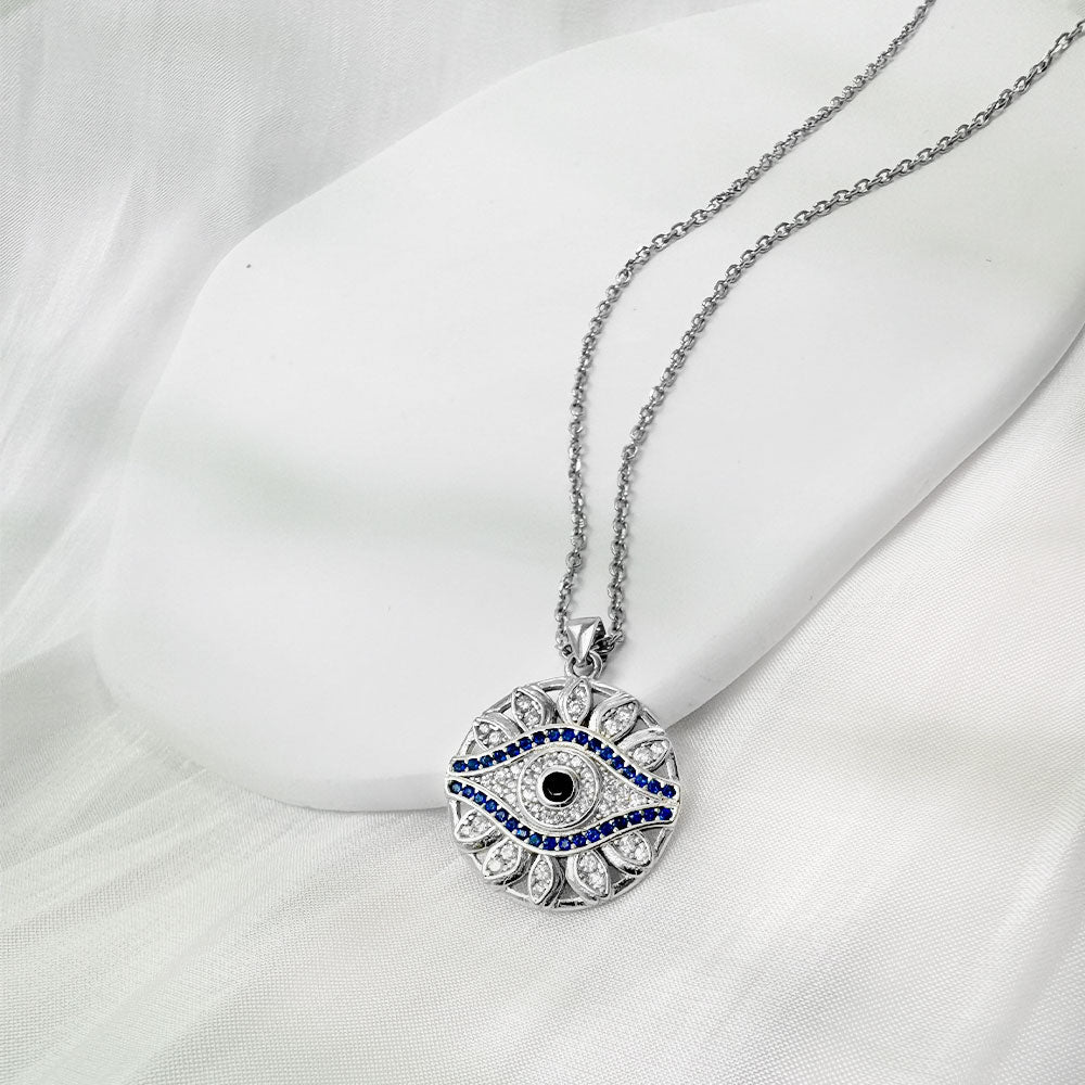 Silver House Sapphire Bule White Zircon Evil Eye Silver 925 Necklace