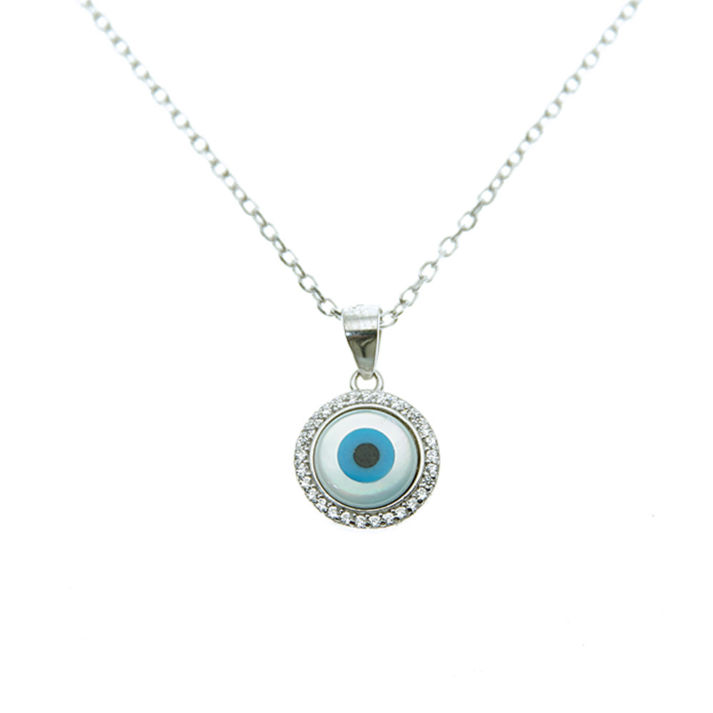 Silver House  White Zircon MOP Round Evil Eye 925 Necklace Individuation Fashion Accessories