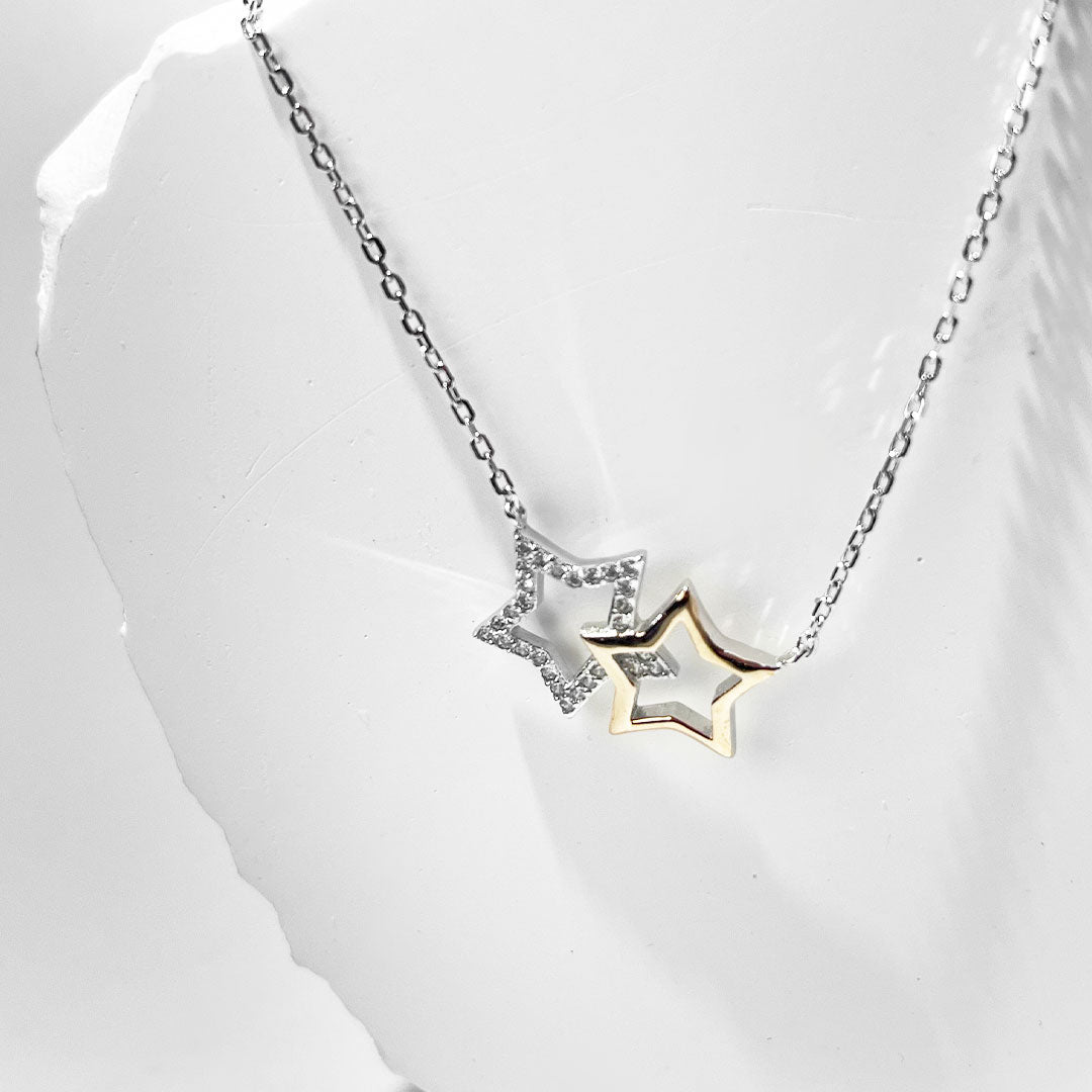 Silver House Golden Star & Zircon Star  Silver 925 Necklace Sweet