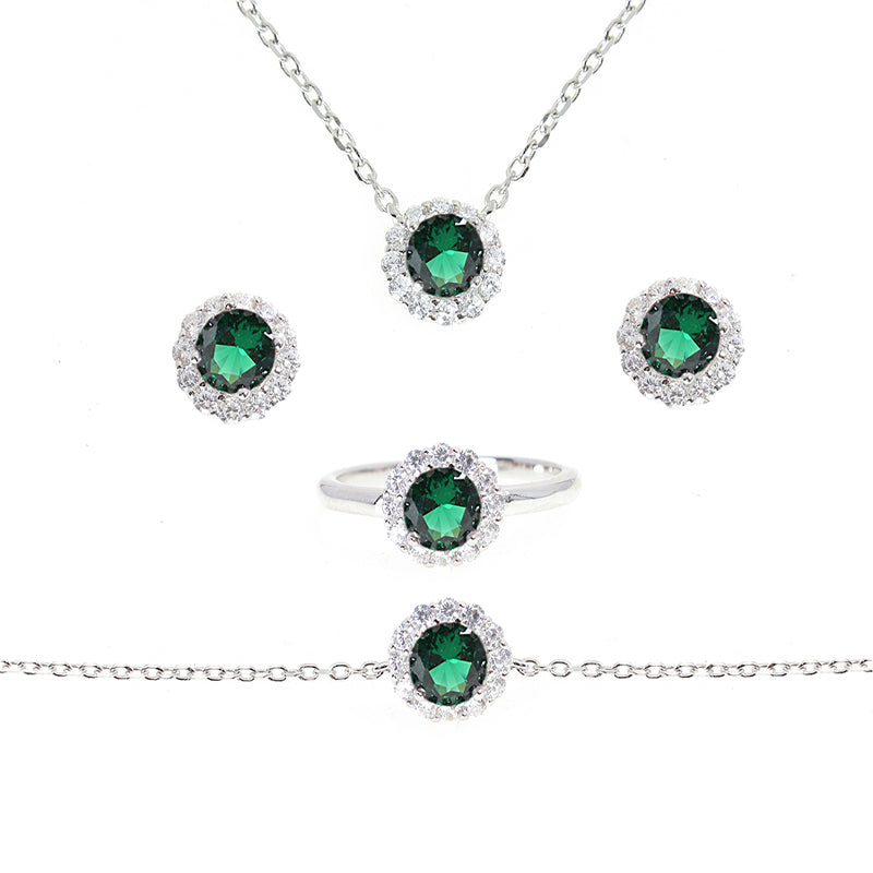 Silver House Emerald White Zircon Round Silver 925 4PCS Jewelry Set 5.5mm