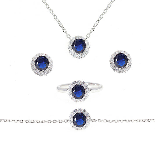 Silver House Sapphire White Zircon Round Silver 925 4PCS Jewelry Set 5.5mm