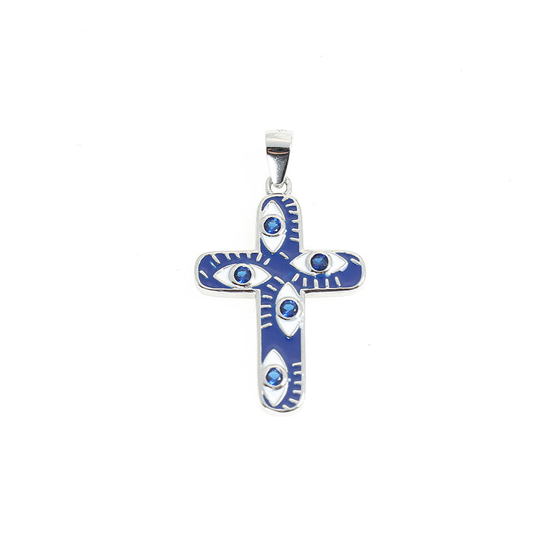 Sapphire Dark Blue Enamel Evil Eye Cross Silver 925 Pendant