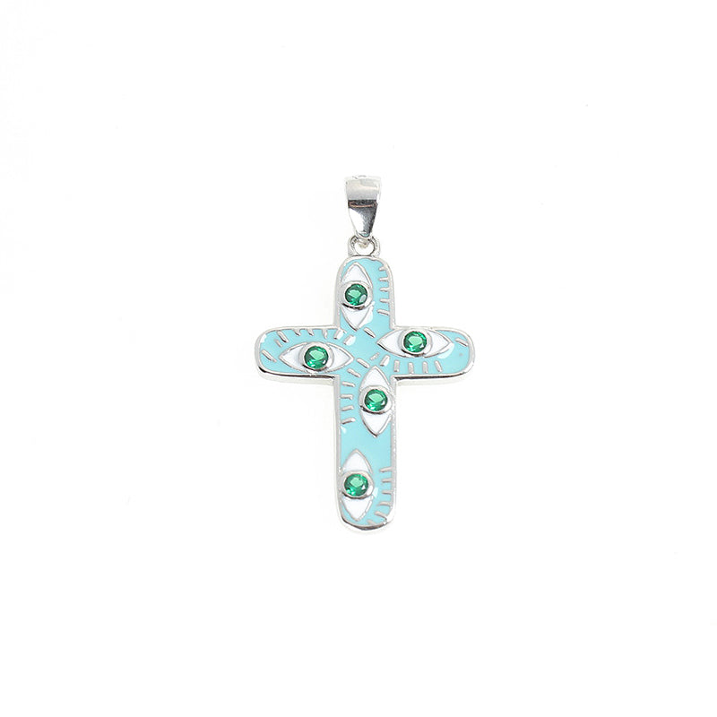 Emerald Turquoise Enamel Evil Eye Cross Silver 925 Pendant