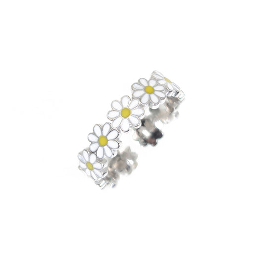 Silver House Yellow White Enamel Flower Silver 925 Ring Open Size