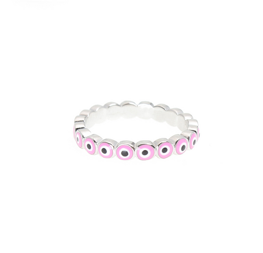 2.5mm Pink Enamel Evil Eye Silver 925 Ring