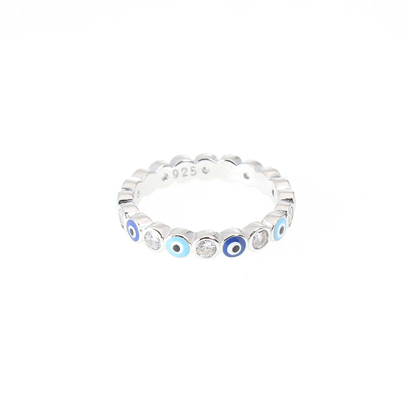 2.5mm Dark Light Blue Enamel White Zircon Evil Eye Silver 925 Ring