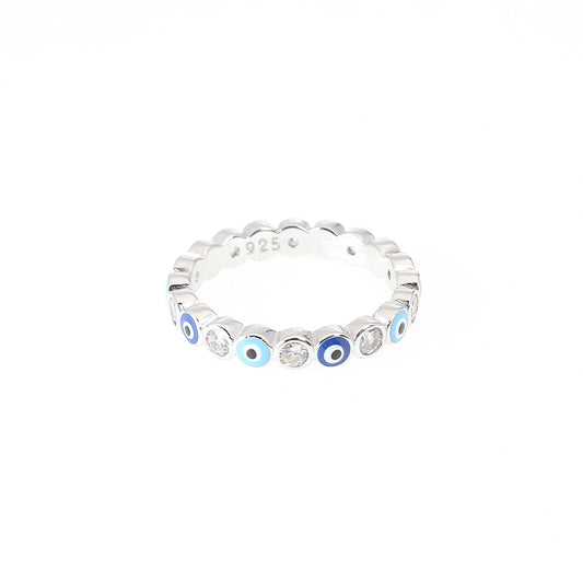 2.5mm Dark Light Blue Enamel White Zircon Evil Eye Silver 925 Ring