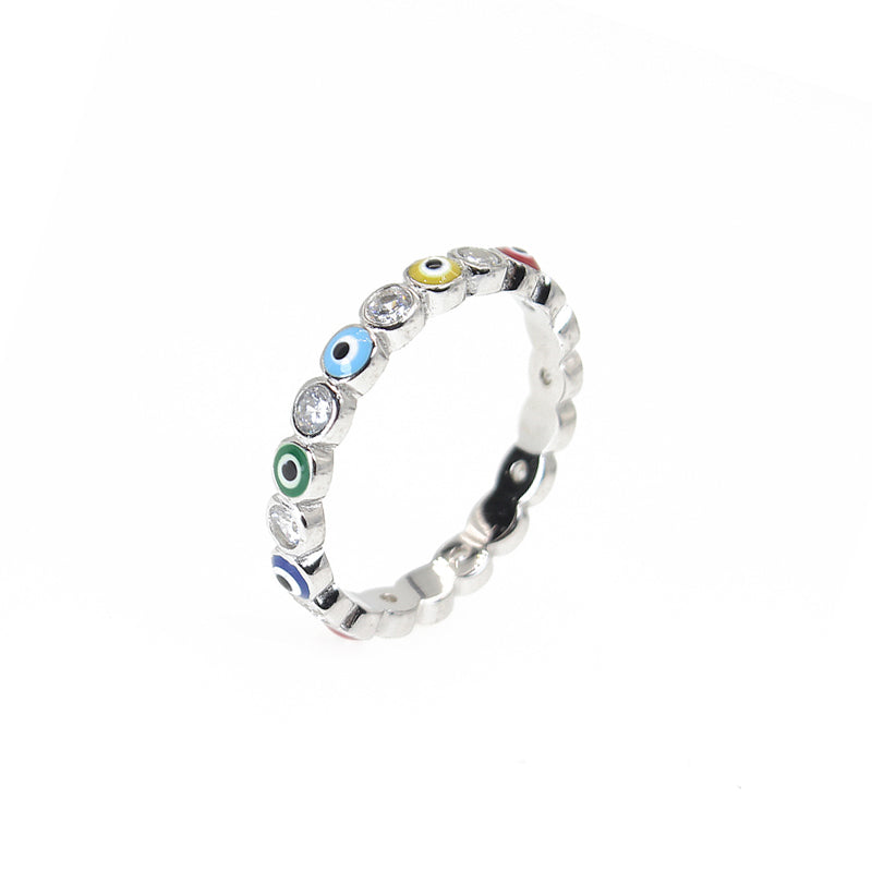 2.5mm Rainbow Enamel White Zircon Evil Eye Silver 925 Ring