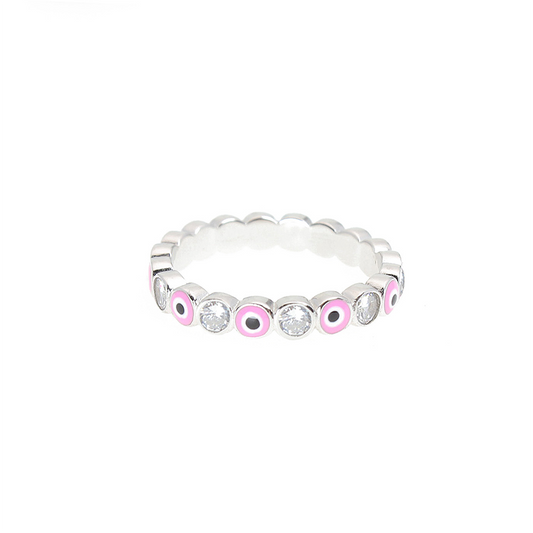 2.5mm Pink Enamel White Zircon Evil Eye Silver 925 Ring