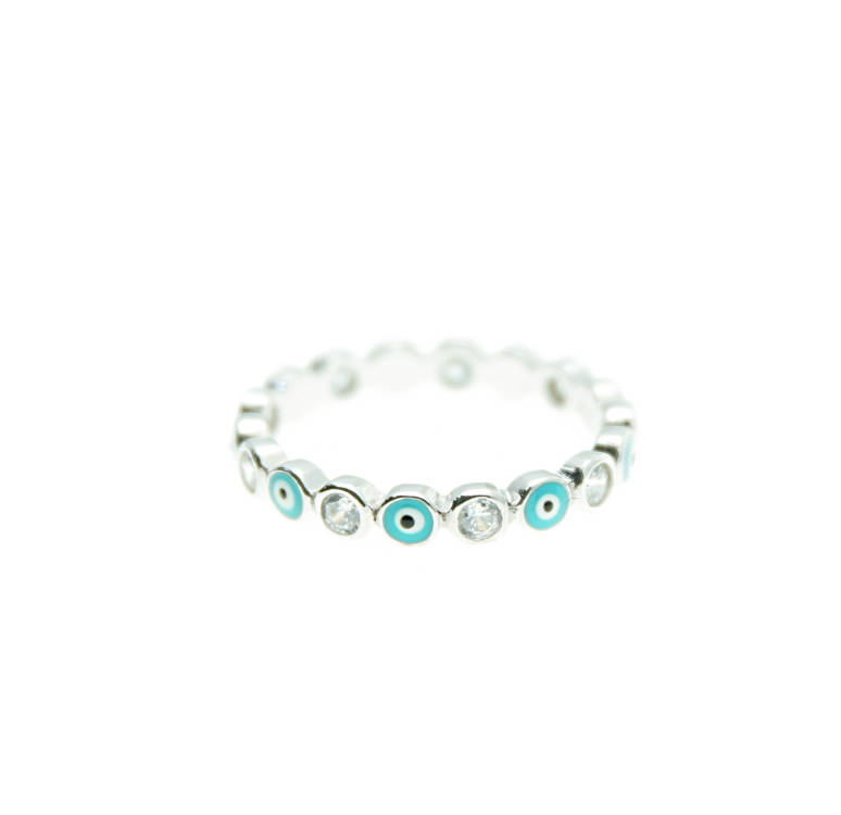 2.5mm Turquoise Enamel White Zircon Evil Eye Silver 925 Ring