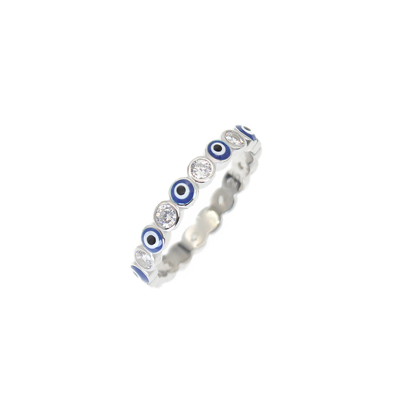 2.5mm Dark Blue Enamel White Zircon Evil Eye Silver 925 Ring