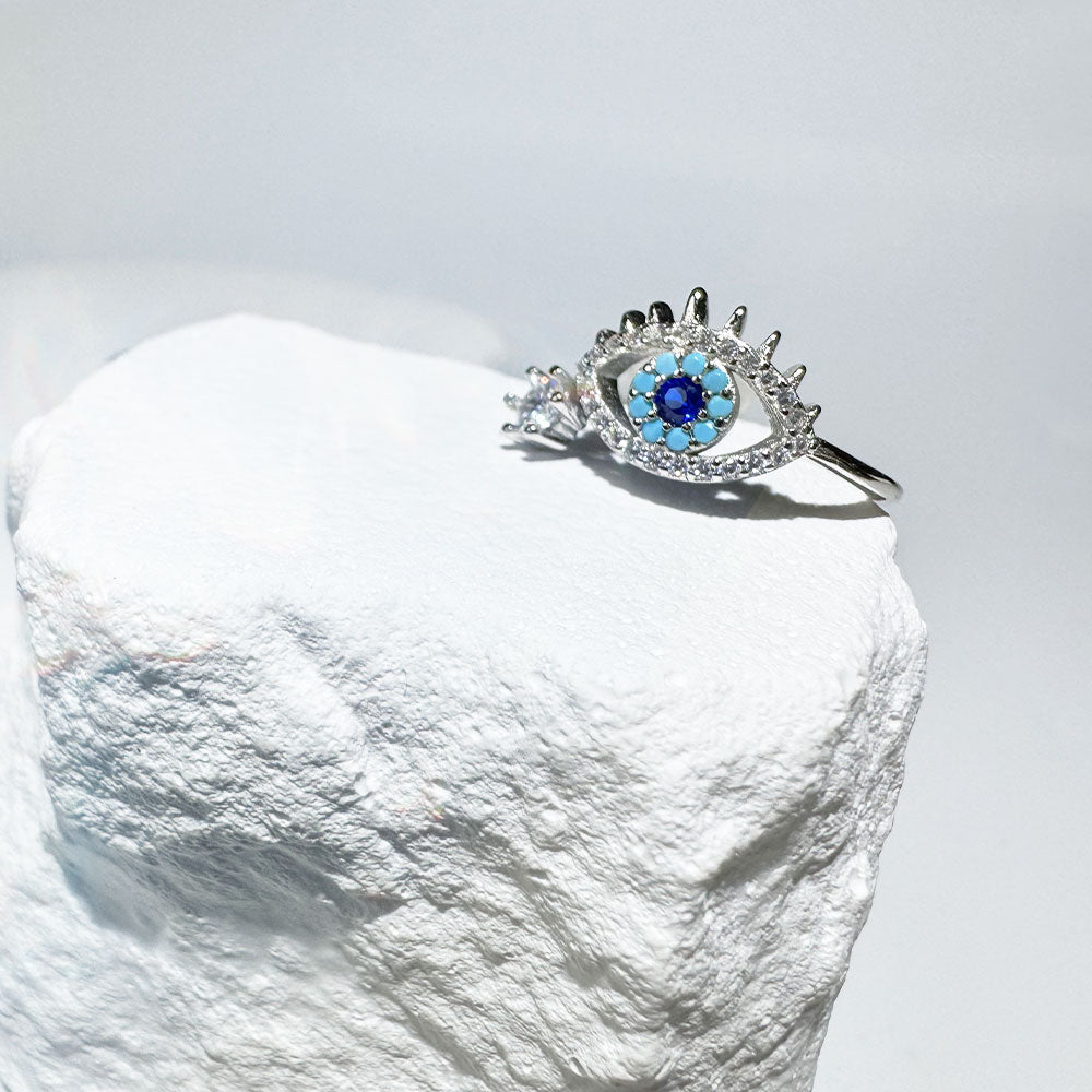 Silver House White Zircon Sapphire Turquoise Evil Eye 925 Silver Ring Individuation Fashion Accessories