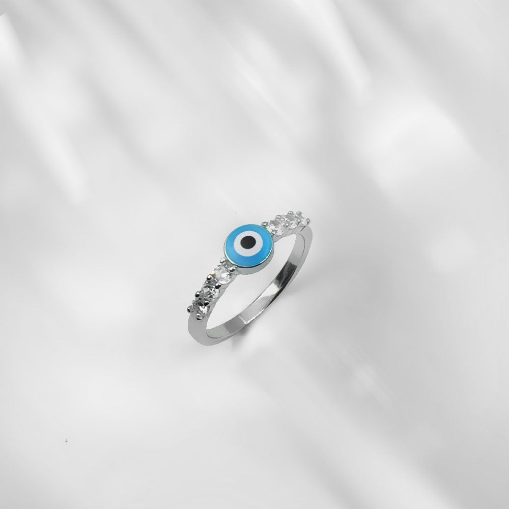 Silver House White Zircon Light Blue Enamel Round Evil Eye 925 Silver Ring Individuation Fashion Accessories